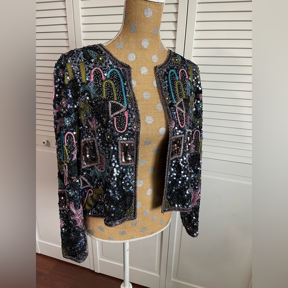 Amazing Vintage 80’s Sténay Multicolored Geometric Beaded Evening coat jacket M - Picture 5 of 16